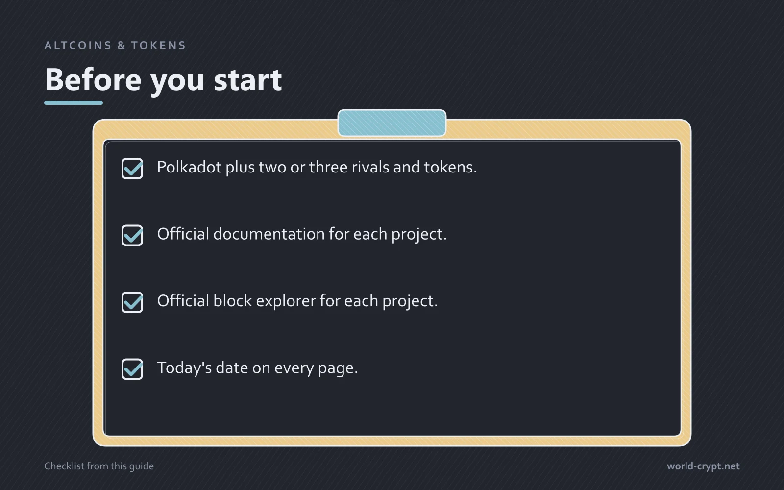 Чек-лист, Перед началом: Polkadot плюс два-три конкурента и токены; Официальная документация по каждому проекту; Официальный обозреватель блоков по каждому проекту; Сегодняшняя дата на каждой странице