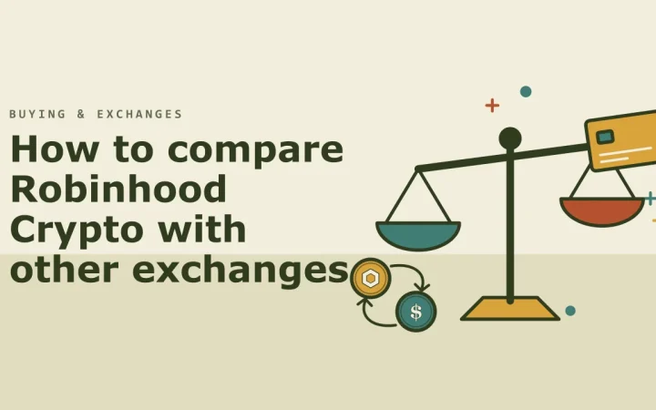 Как сравнить Robinhood Crypto с другими биржами: иллюстрация с весами, на которых сравниваются варианты, и двумя обмениваемыми монетами