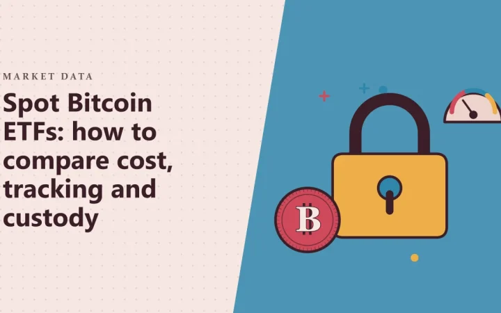 Спотовые Bitcoin ETF: как сравнивать издержки, отслеживание и хранение: иллюстрация с навесным замком и монетой