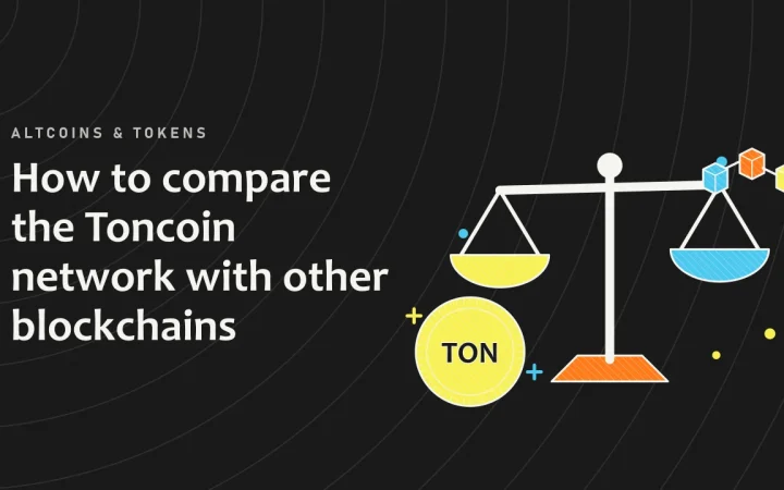 Как сравнить сеть Toncoin с другими блокчейнами: иллюстрация с весами, сравнивающими варианты, и монетой