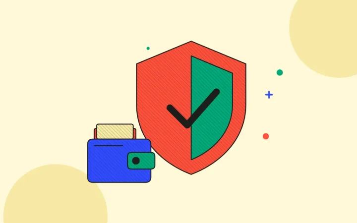 Иллюстрация защитного щита с криптокошельком для руководства «Основы криптовалют»