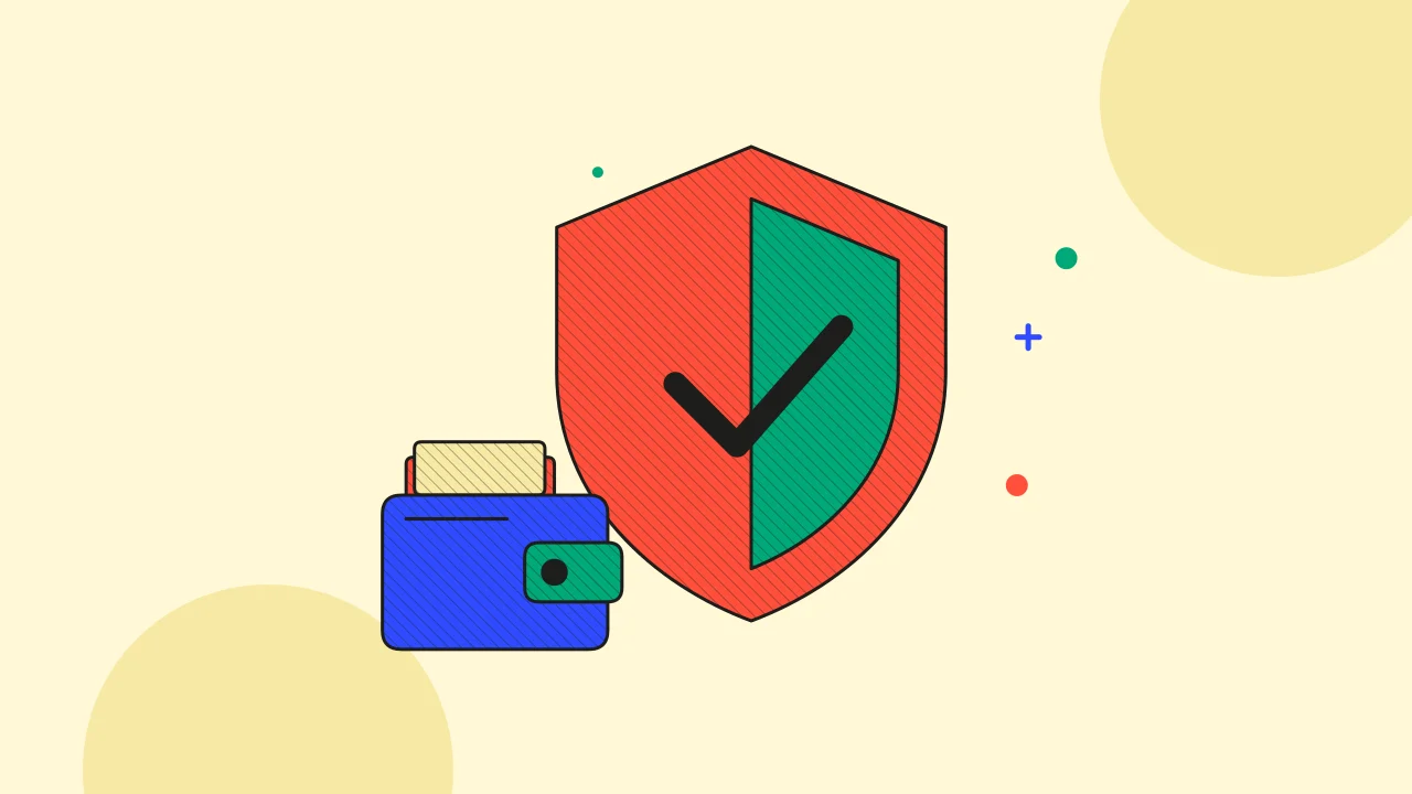Иллюстрация защитного щита с криптокошельком для руководства «Основы криптовалют»