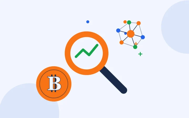 Иллюстрация лупы над графиком с монетой для руководства по Bitcoin