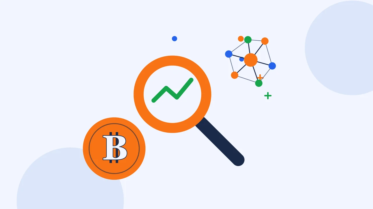 Иллюстрация лупы над графиком с монетой для руководства по Bitcoin