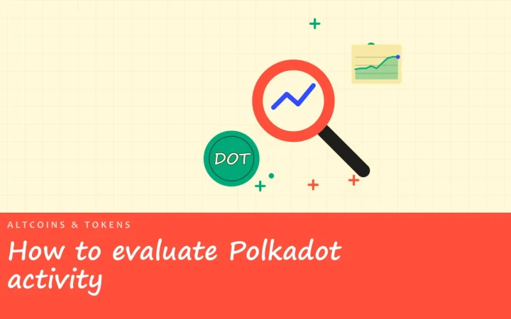 Как оценить активность Polkadot: иллюстрация лупы над графиком и монеты