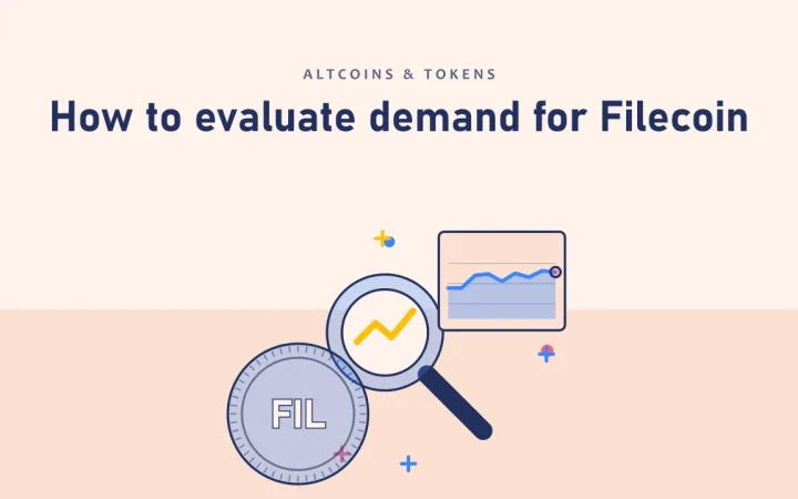 Как оценить спрос на Filecoin: иллюстрация лупы над графиком и монеты