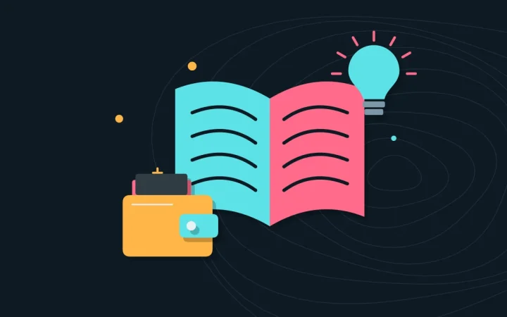 Иллюстрация открытой книги с криптокошельком для руководства по основам криптовалют