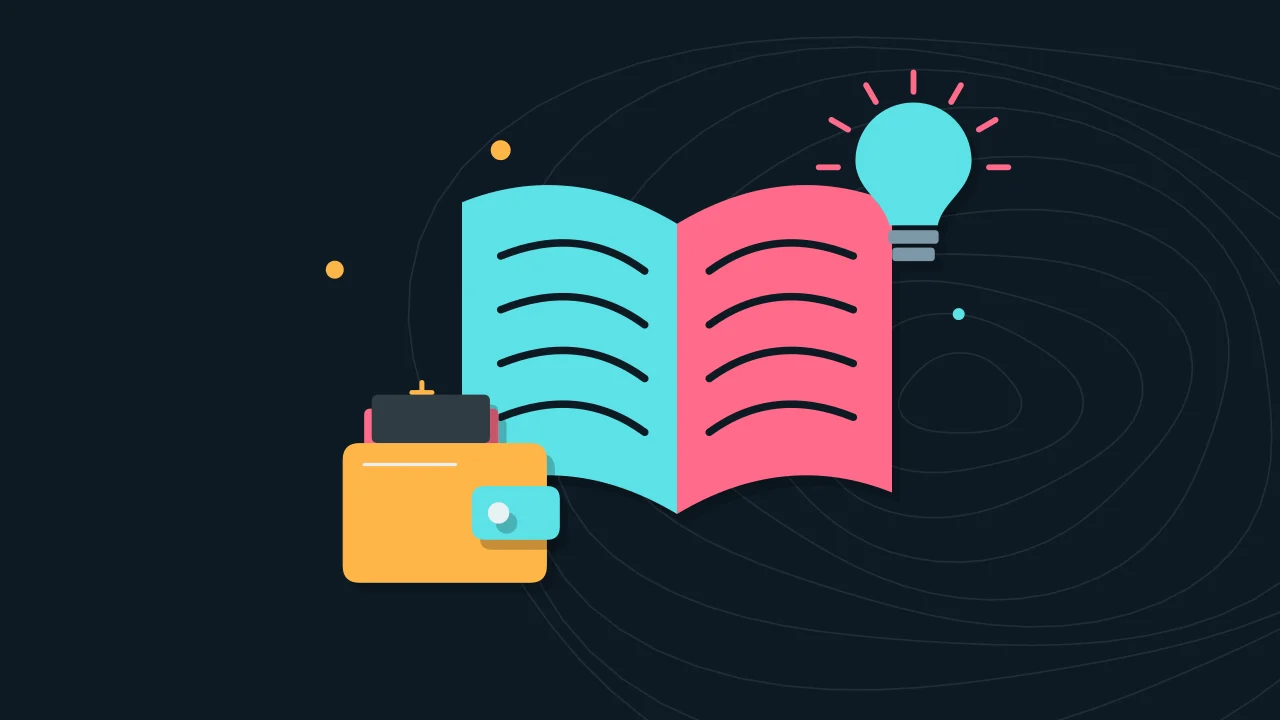 Иллюстрация открытой книги с криптокошельком для руководства по основам криптовалют