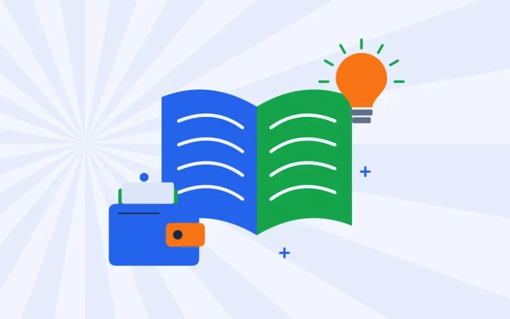 Иллюстрация открытой книги с криптокошельком для руководства по основам криптовалют