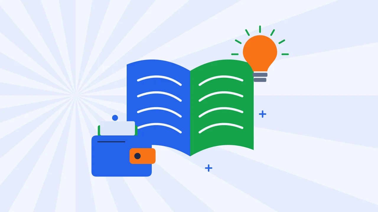 Иллюстрация открытой книги с криптокошельком для руководства по основам криптовалют