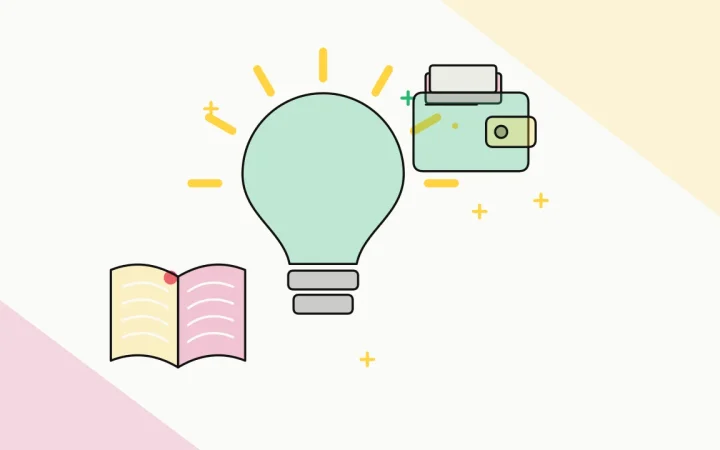 Иллюстрация идеи в виде лампочки с открытой книгой для руководства «Основы криптовалют»