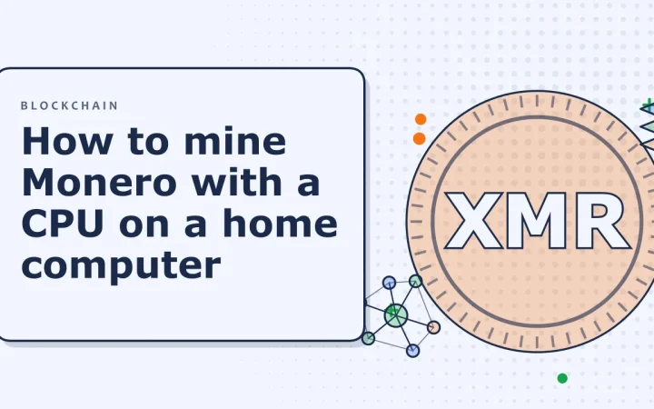 Как майнить Monero на CPU на домашнем компьютере: иллюстрация с монетой и сетью узлов