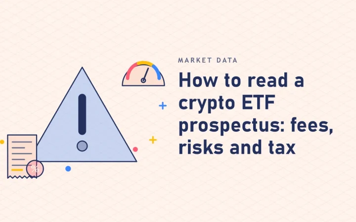 Как читать проспект крипто-ETF: комиссии, риски и налоги: иллюстрация с предупреждающим знаком и налоговой квитанцией