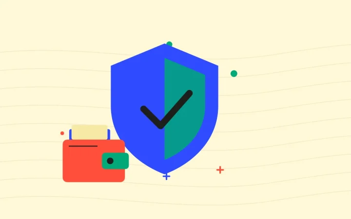 Иллюстрация защитного щита с криптокошельком для руководства «Основы криптовалют»