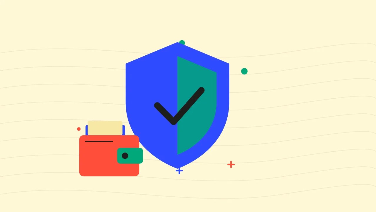 Иллюстрация защитного щита с криптокошельком для руководства «Основы криптовалют»