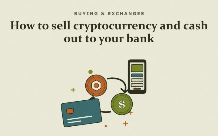 Как продать криптовалюту и вывести деньги на банковский счёт: иллюстрация двух обмениваемых монет и криптокарты