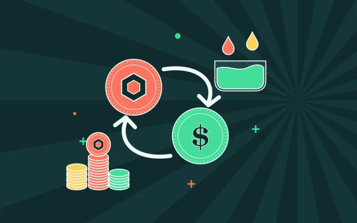 Иллюстрация обмена двух монет со стопками монет для руководства по DeFi & Web3