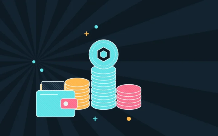 Иллюстрация со стопками монет и криптокошельком для руководства «Основы криптовалют»