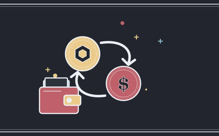 Иллюстрация обмена двух монет с криптокошельком для руководства «Основы криптовалют»