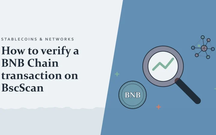 Как проверить транзакцию в BNB Chain на BscScan: иллюстрация лупы над графиком и монеты