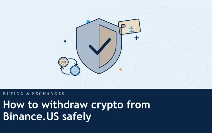 Как безопасно вывести криптовалюту с Binance.US: иллюстрация со щитом безопасности и двумя обмениваемыми монетами