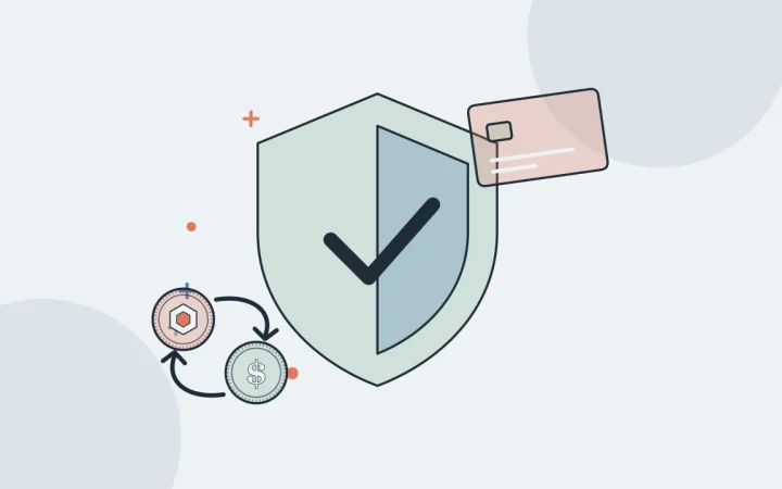 Иллюстрация щита безопасности с двумя обмениваемыми монетами для руководства по покупке и обмену