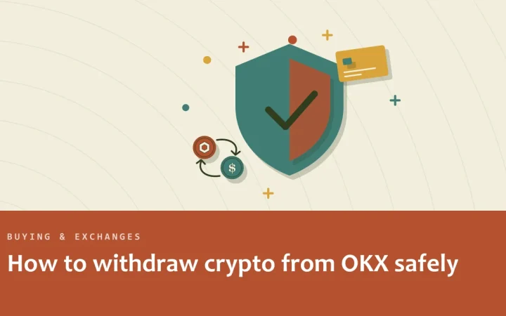 Как безопасно вывести криптовалюту с OKX: иллюстрация щита безопасности и двух обмениваемых монет