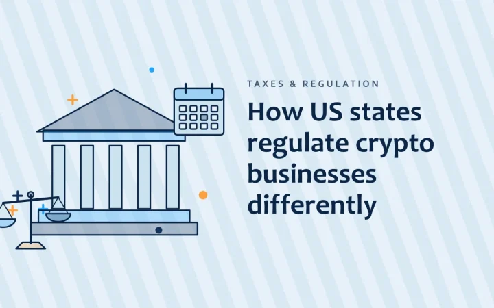 Как штаты США по-разному регулируют криптобизнес: иллюстрация здания регулятора и весов, сравнивающих варианты
