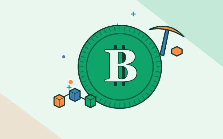 Иллюстрация монеты со связанными блоками блокчейна для руководства по Bitcoin