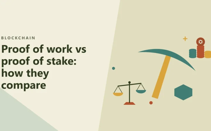 Proof of work против proof of stake: сравнение: иллюстрация кирки и весов, сравнивающих варианты