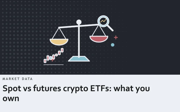 Спотовые и фьючерсные крипто ETF: чем вы владеете: иллюстрация с весами для сравнения вариантов и графиком японских свечей