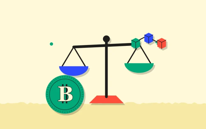 Иллюстрация весов для сравнения вариантов с монетой для руководства по Bitcoin