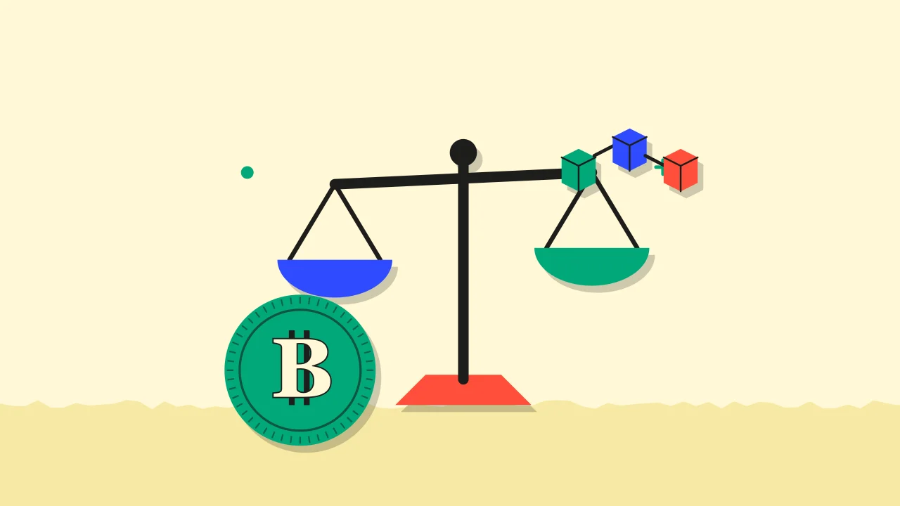 Иллюстрация весов для сравнения вариантов с монетой для руководства по Bitcoin