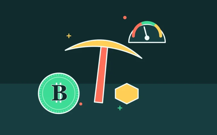 Иллюстрация кирки майнера с монетой для руководства по Bitcoin
