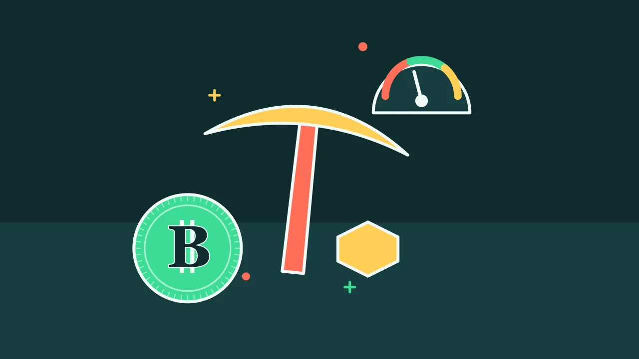 Иллюстрация кирки майнера с монетой для руководства по Bitcoin