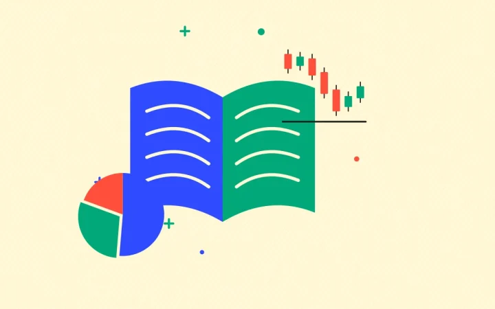 Иллюстрация раскрытой книги с круговой диаграммой портфеля для руководства по трейдингу и инвестициям