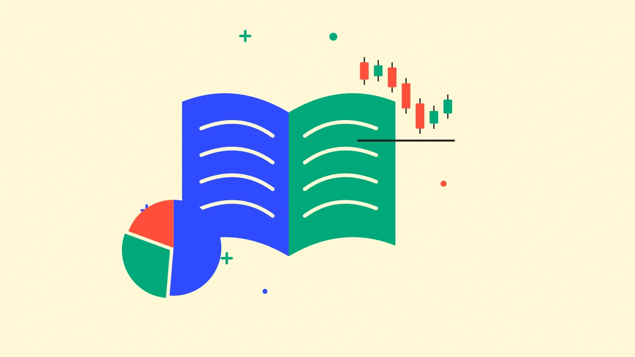 Иллюстрация раскрытой книги с круговой диаграммой портфеля для руководства по трейдингу и инвестициям