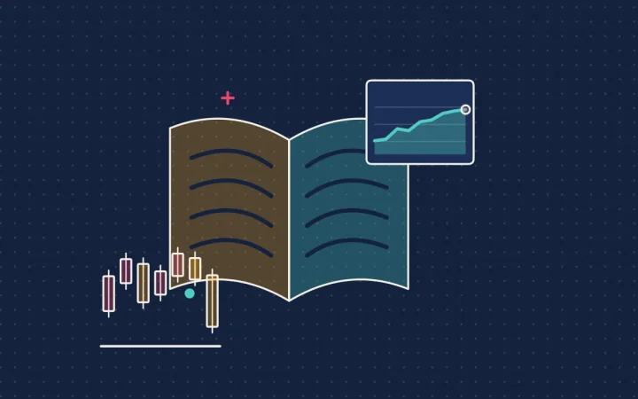 Иллюстрация раскрытой книги со свечным графиком для руководства по торговле и инвестициям