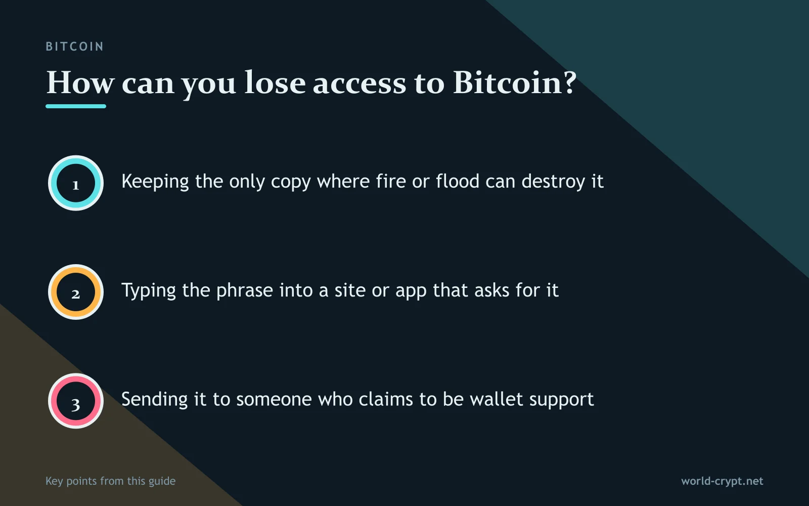 Как можно потерять доступ к Bitcoin? — 3 пунктов: хранить единственную копию там, где её могут уничтожить пожар или наводнение; вводить фразу на сайте или в приложении, которые её запрашивают; отправлять её тому, кто выдаёт себя за поддержку кошелька