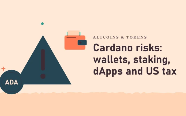 Риски Cardano: кошельки, стейкинг, dApps и налоги в США: иллюстрация предупреждающего знака и монеты