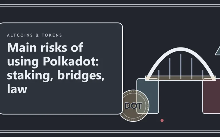 Основные риски использования Polkadot: стейкинг, мосты, законодательство: иллюстрация моста между двумя цепочками и монеты