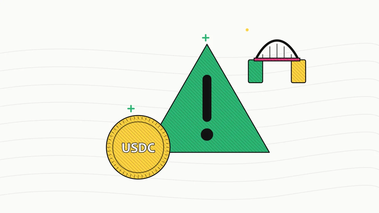 Иллюстрация предупреждающего знака с монетой для руководства по стейблкоинам и сетям