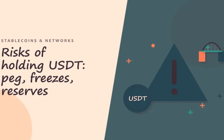 Риски хранения USDT: привязка, заморозки, резервы: иллюстрация предупреждающего знака и монеты