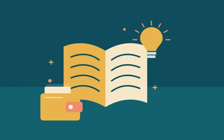 Иллюстрация открытой книги с криптокошельком для руководства по основам криптовалют