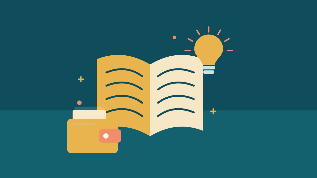Иллюстрация открытой книги с криптокошельком для руководства по основам криптовалют