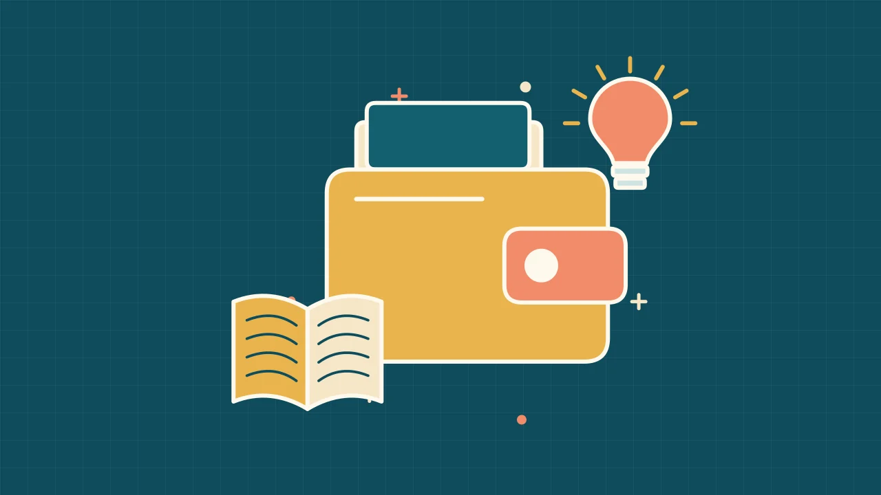 Иллюстрация криптокошелька с раскрытой книгой для руководства «Основы криптовалют»
