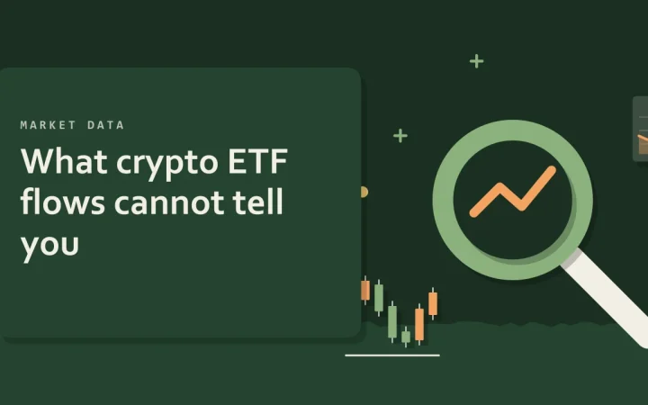 О чём не могут рассказать потоки средств в крипто-ETF: иллюстрация с лупой над графиком и свечным графиком