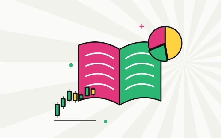Иллюстрация раскрытой книги со свечным графиком для руководства по торговле и инвестициям