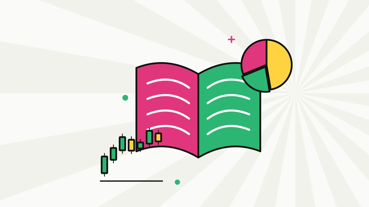 Иллюстрация раскрытой книги со свечным графиком для руководства по торговле и инвестициям