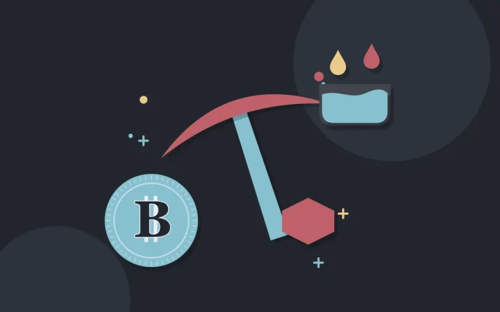 Иллюстрация кирки майнера с монетой для руководства по Bitcoin